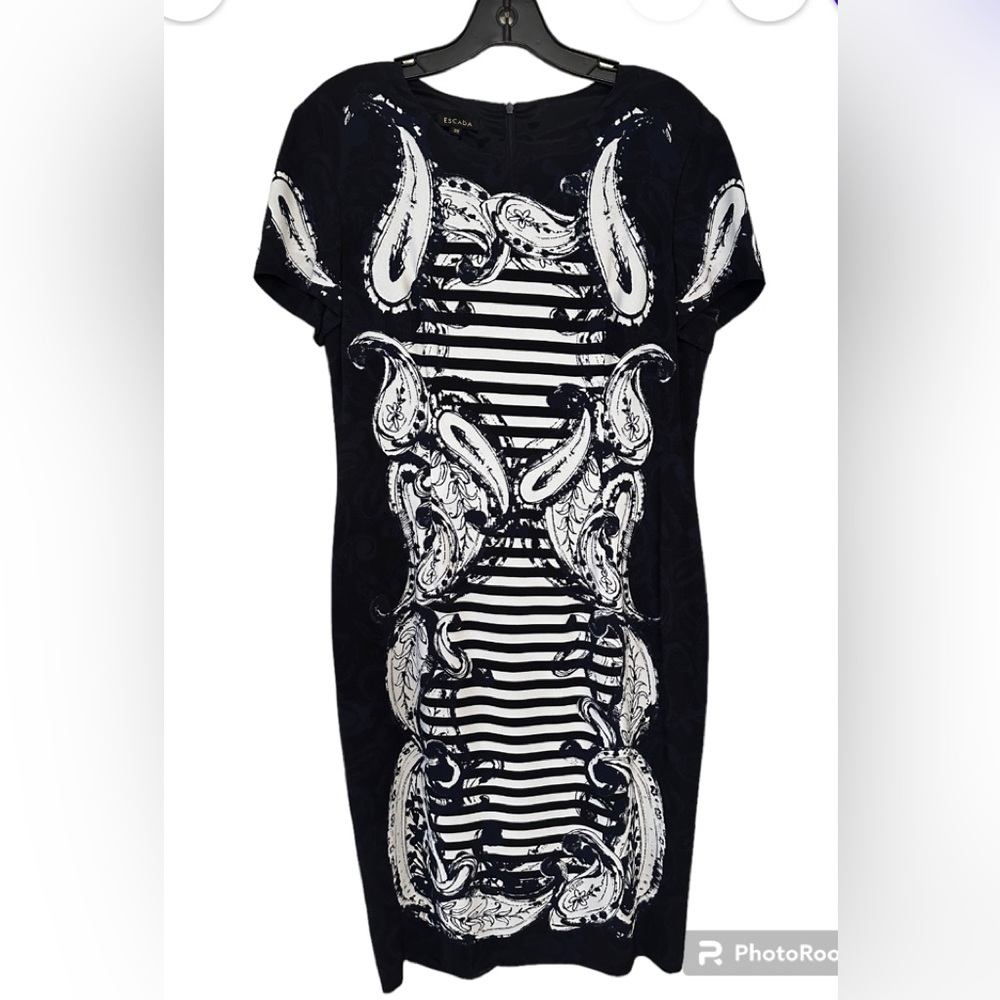 Escada Paisley Striped Dress, Navy and White, size 38/8